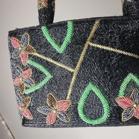 Vintage Glass Beaded Floral Handbag Purse - Picture 3 of 16